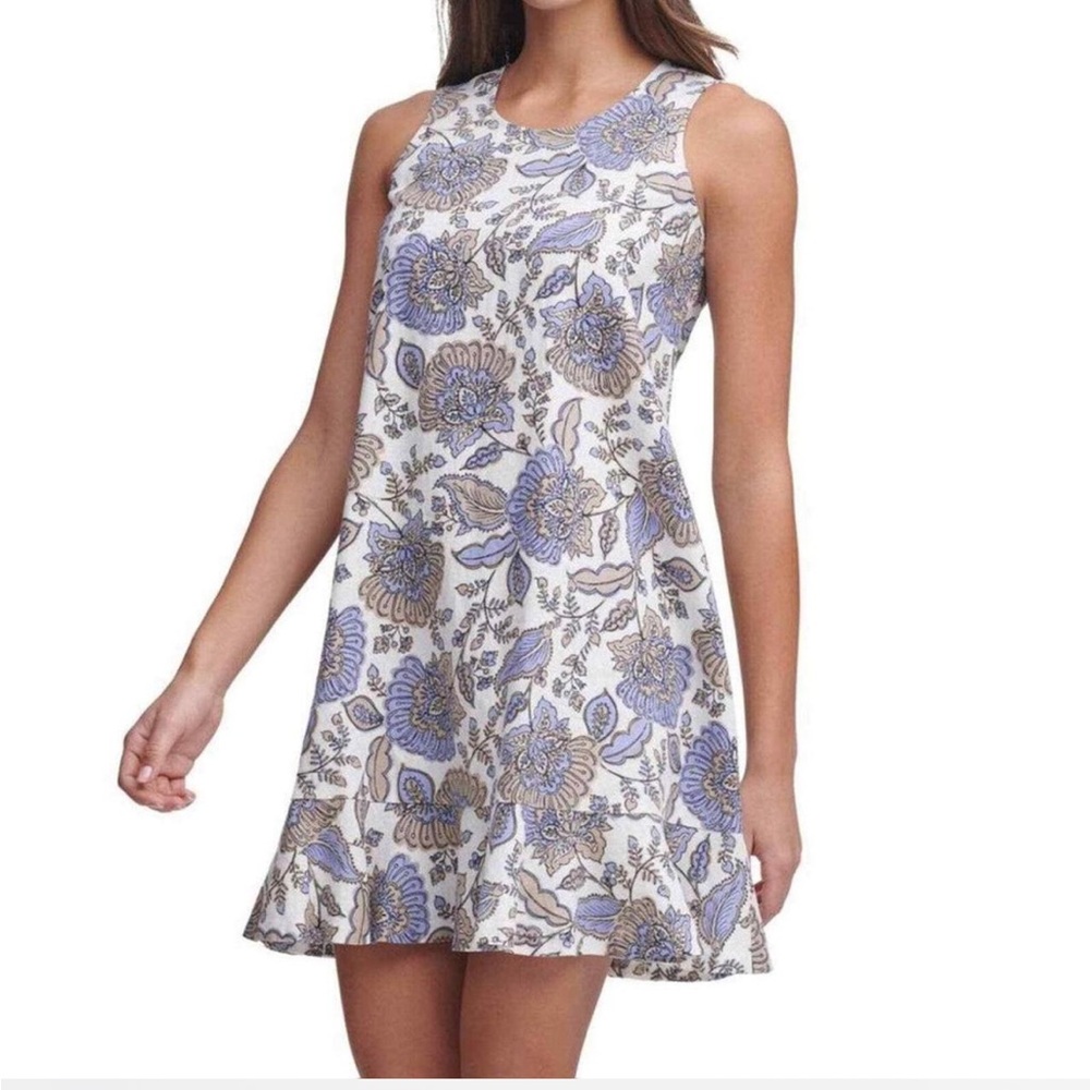 Tommy Hilfiger Provincial Paisley Shift Linen Blend and Ruffle Hem Dress